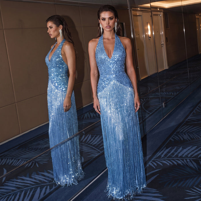Halterneck Sequin Tassel Maxi Dress XEF K6D11483A