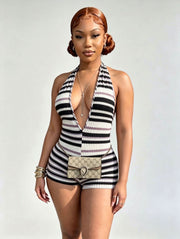 Stripe Halterneck Backless Romper MEM 88703