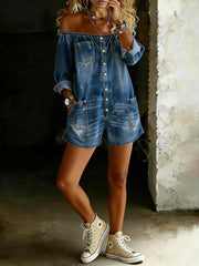 Off Shoulder Denim Loose Romper YRST D019