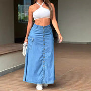 Single button Denim Long Skirt GAKF 40914