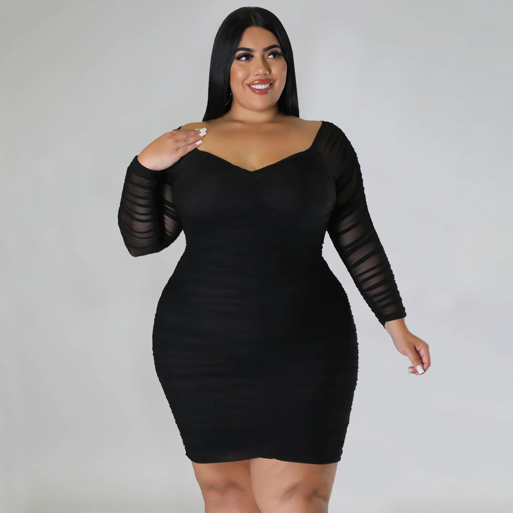 Plus Size Sexy Ruched Long Sleeve Bodycon Dress NNWF 7697