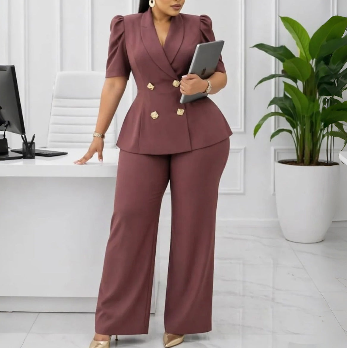 Plus Size Solid Color Two Piece Pants Set GATE 634