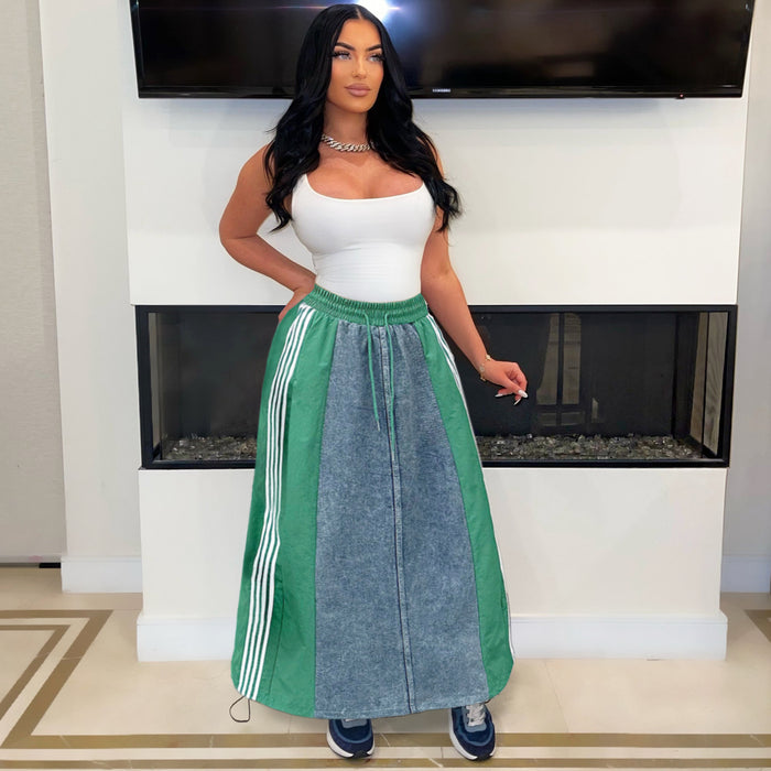 Striped Loose Denim Color Block Half Body Skirt ZSD 0697
