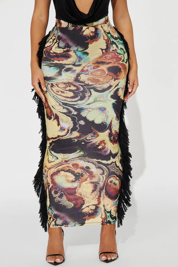Tassel Lace Printed Half Length Skirt GYZY 8957