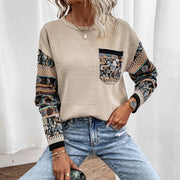Loose Print Color Block Knits Tops GDAM 7198