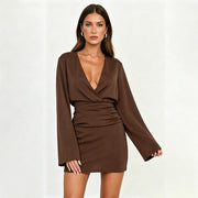 Deep V Neck Long Sleeve Mini Dress GSBW C26DS342
