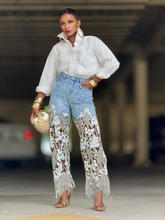 Plus Size Lace Patchwork Washed Jeans GYLN 7795