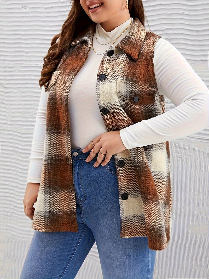 Plus Size Plaid Print Sleeveless Vest Coat GAWE 6423