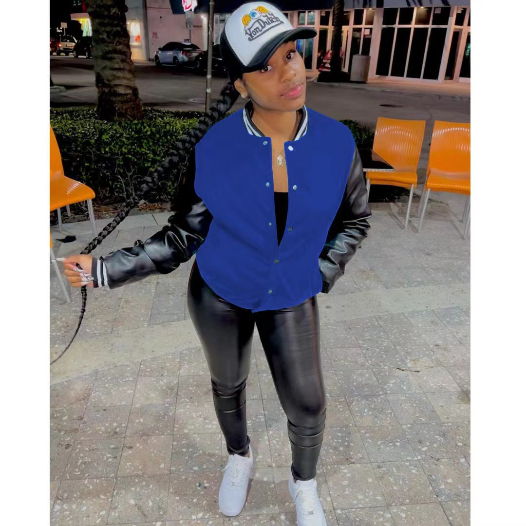 Fashion Color Block Leather Sleeve Baseball Jacket WMEF 20036