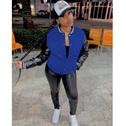 Fashion Color Block Leather Sleeve Baseball Jacket WMEF 20036