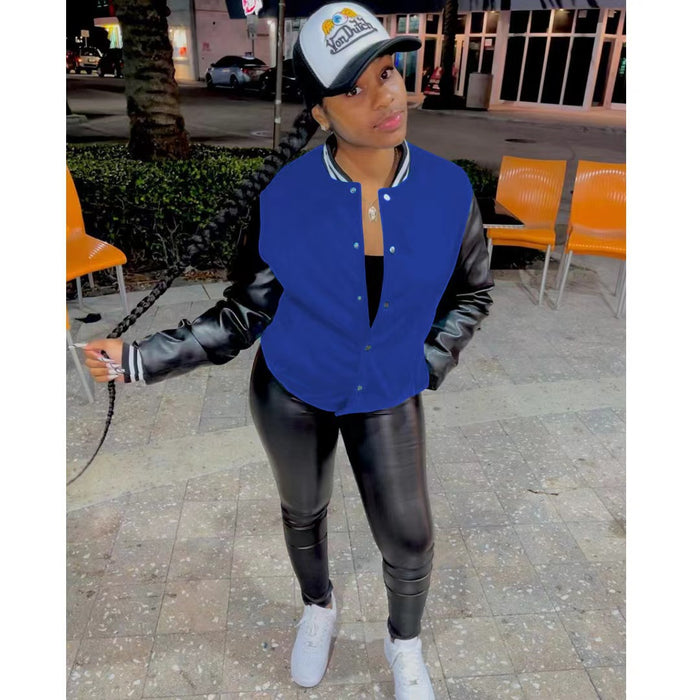 Fashion Color Block Leather Sleeve Baseball Jacket WMEF 20036