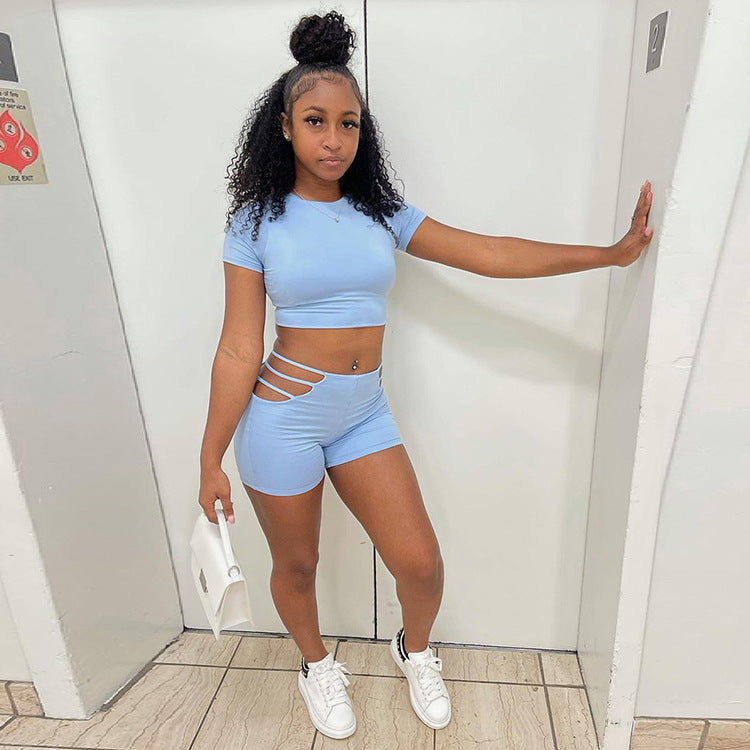 Sexy Solid Short Sleeve Hollow Shorts 2 Piece Sets GLF 7028