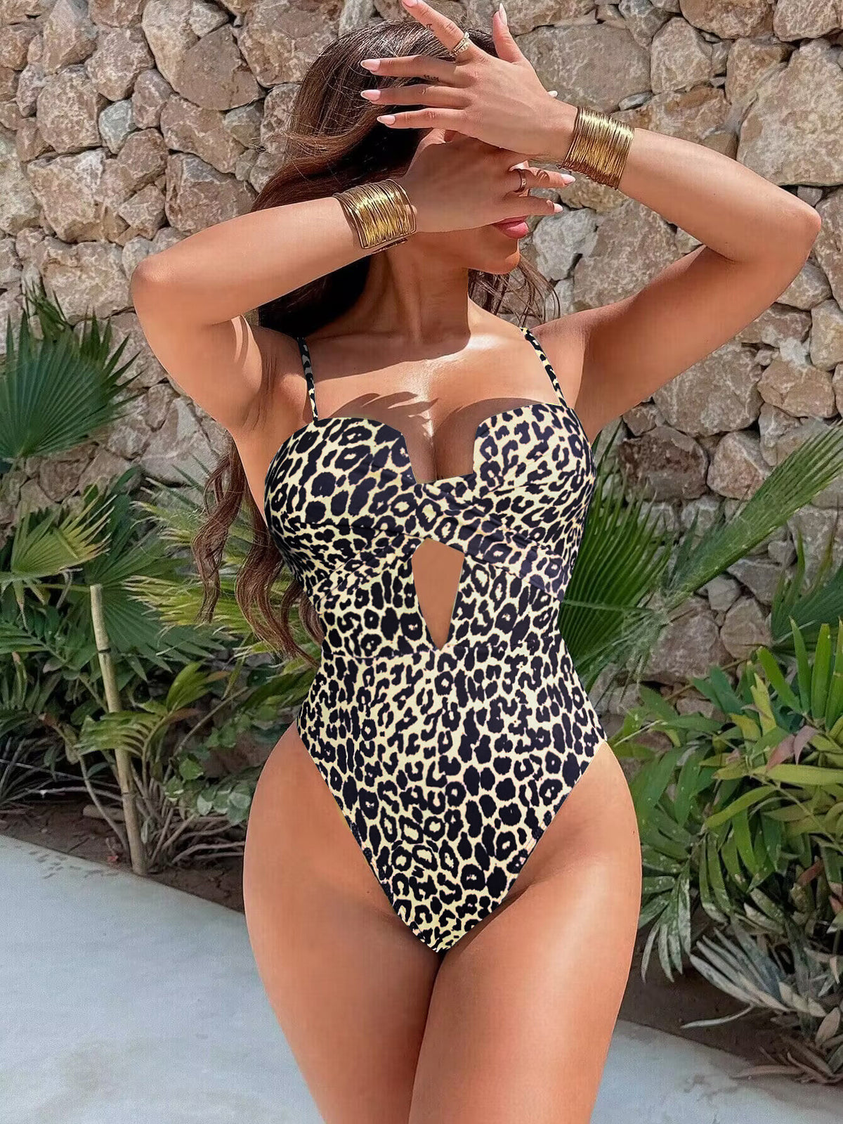 Leopard Print Hollow Out One Piece Swimsuit CSYZ E36R