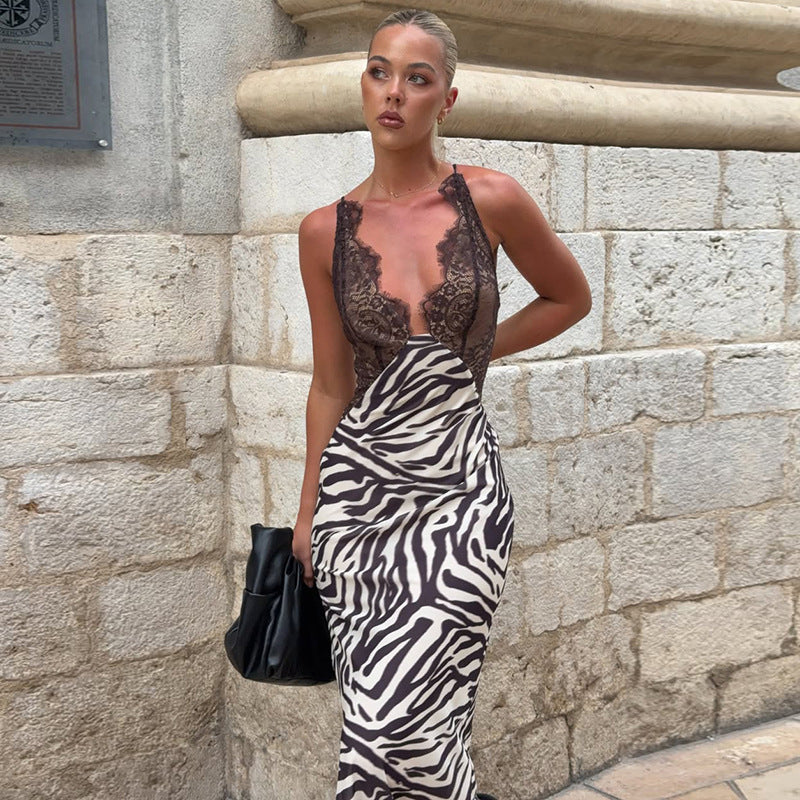 Mesh Patchwork V Neck Print Maxi Dress GZJQ K6D15982A