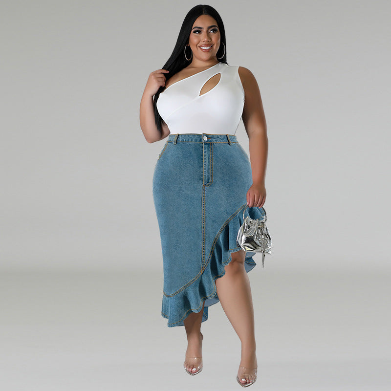 Plus Size Irregular Denim Half Skirt GDAM 218607