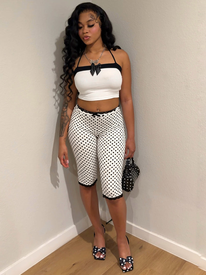 Print Bow Tie Camisole Top Lace Fifth Pants Suit CH 26020