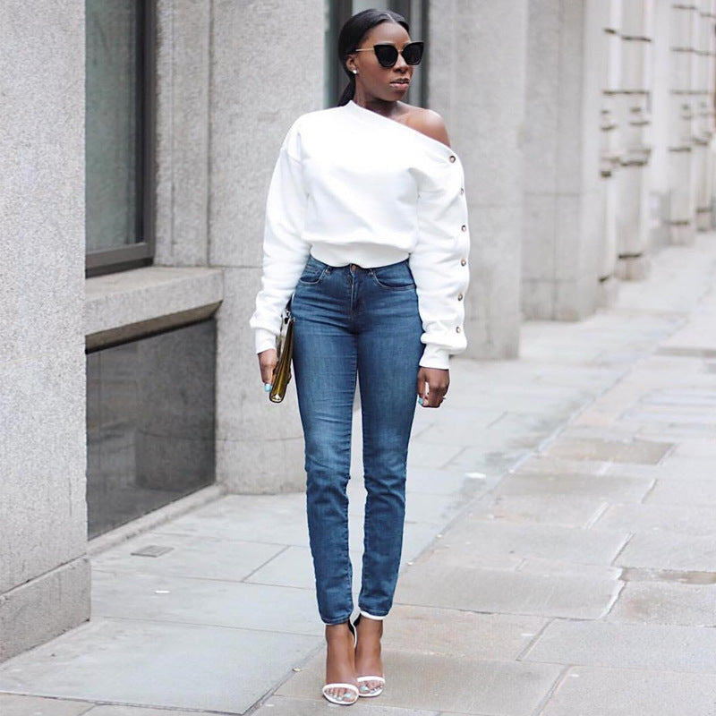 One Shoulder Buttons Long Sleeves Sweatshirt SMD 23012