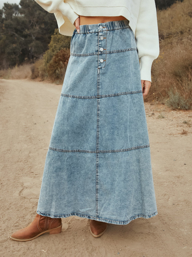 Layered Patchwork Denim Long Skirt GYAN 8943