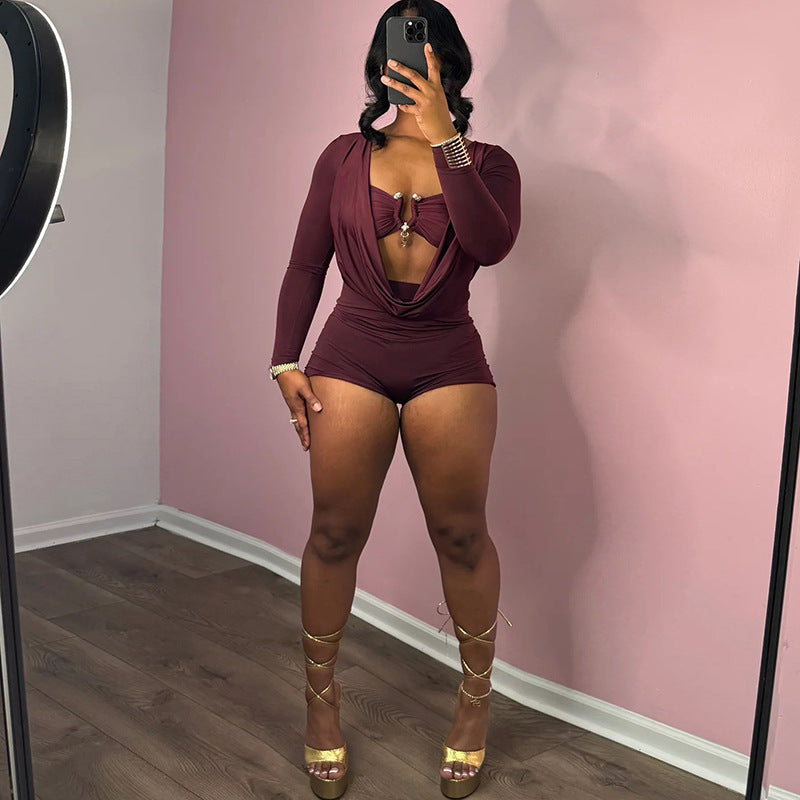 Deep V Neck Solid Color Long Sleeve Romper GZJQ K24Q62136