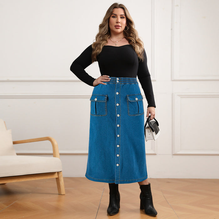 Plus Size Denim Single Breasted Long Half body Skirt GDAM 218609