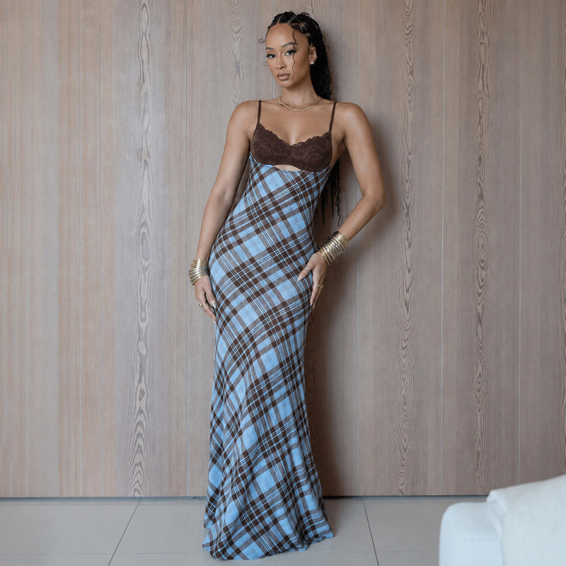 Plaid Patchwork Sling Backless Maxi Dress GPKJ MR49476