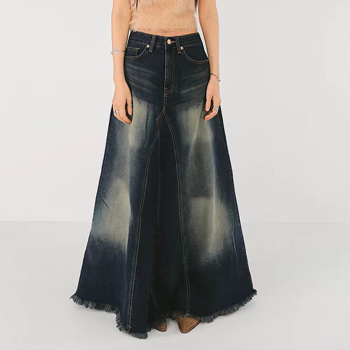 Color Block Low Waist A Line Denim Long Skirt GMWF 9626