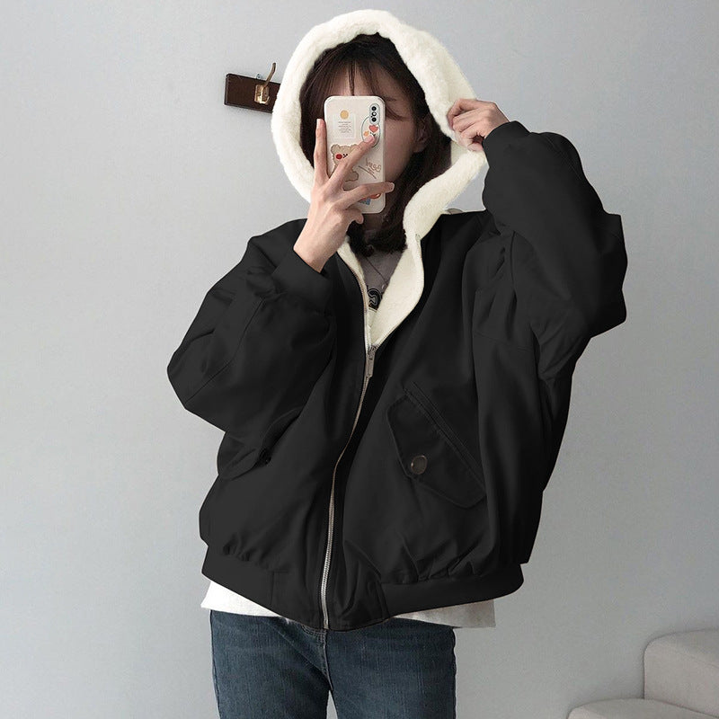Solid Color Hooded Zipper Plush Jacket GSZM ZTP1449