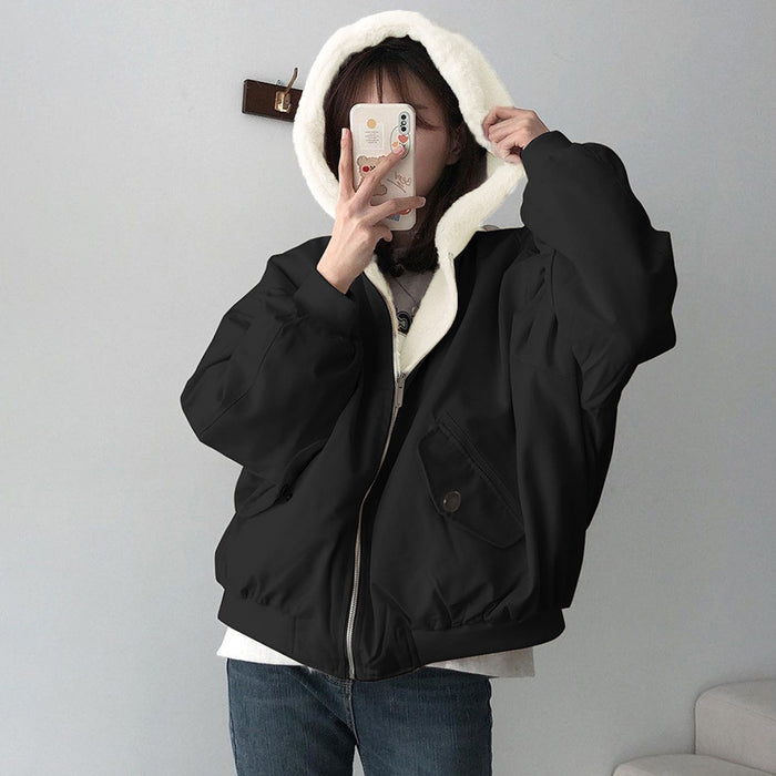 Solid Color Hooded Zipper Plush Jacket GSZM ZTP1449