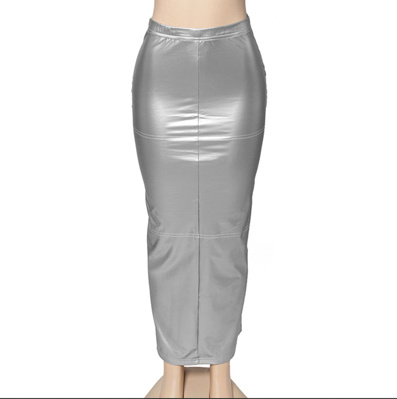 Solid PU Leather Split Long Skirt GAXB A280SK