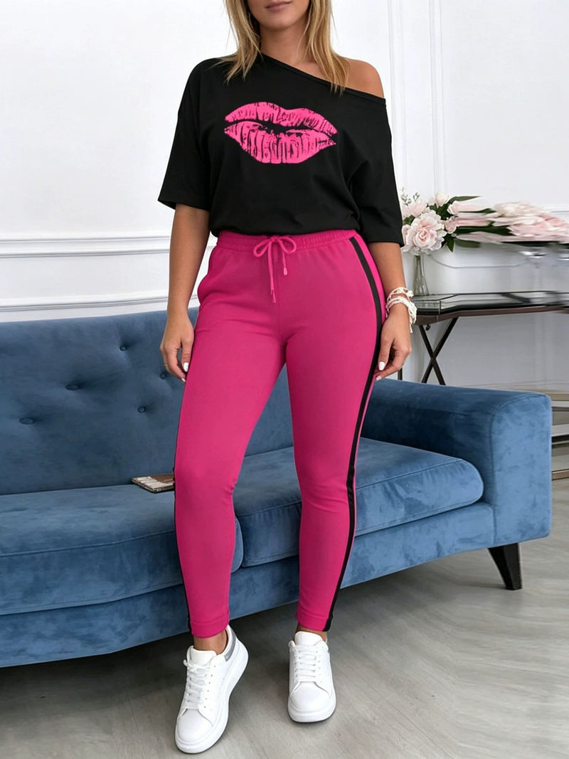 Off Shoulder Print Tops Two Piece Pant Set SHD 8010