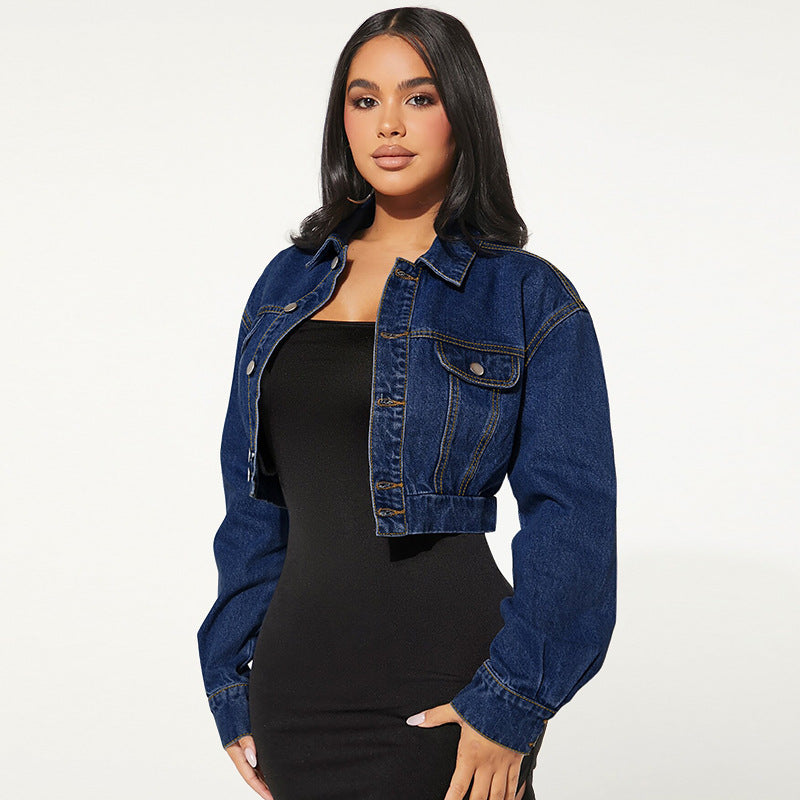 Button Cardigan Long Sleeve Short Denim Jacket GDAM 218578