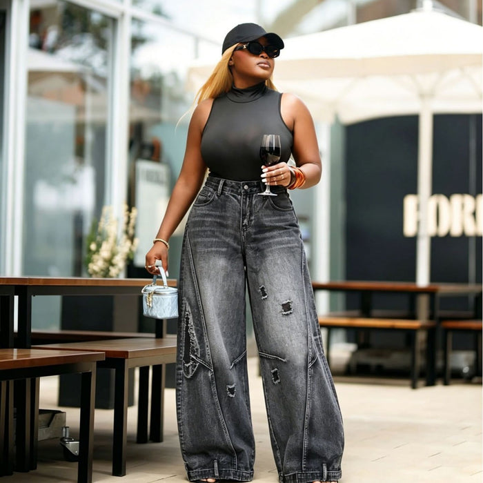 Plus Size Holes Wide Leg Jeans GYLN 7824