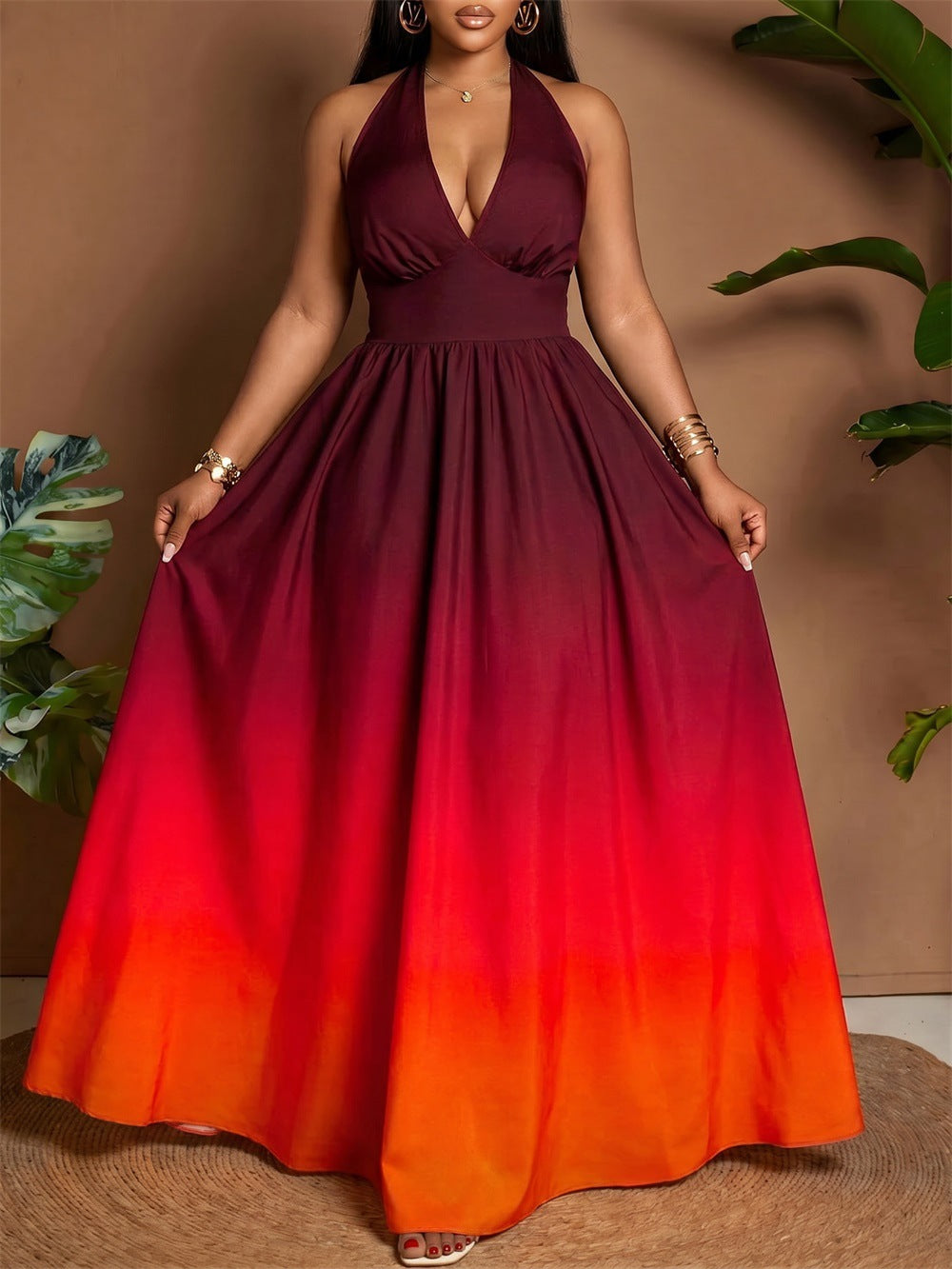 V Neck Gradient Color Maxi Dress GYLY 11264