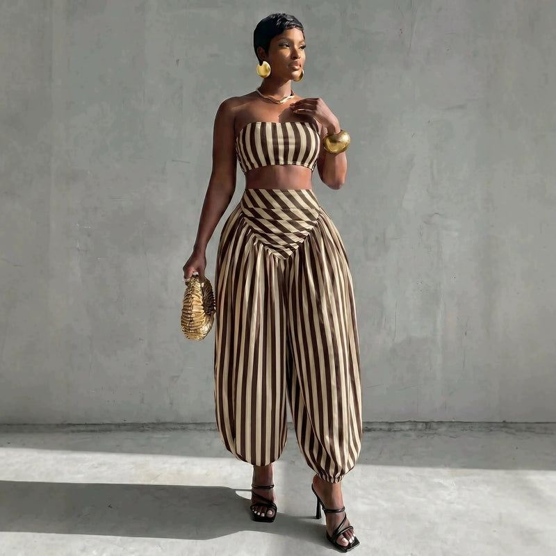 Stripe Warp Chest Top Lantern Pants 2 Piece Set GQLK 6695