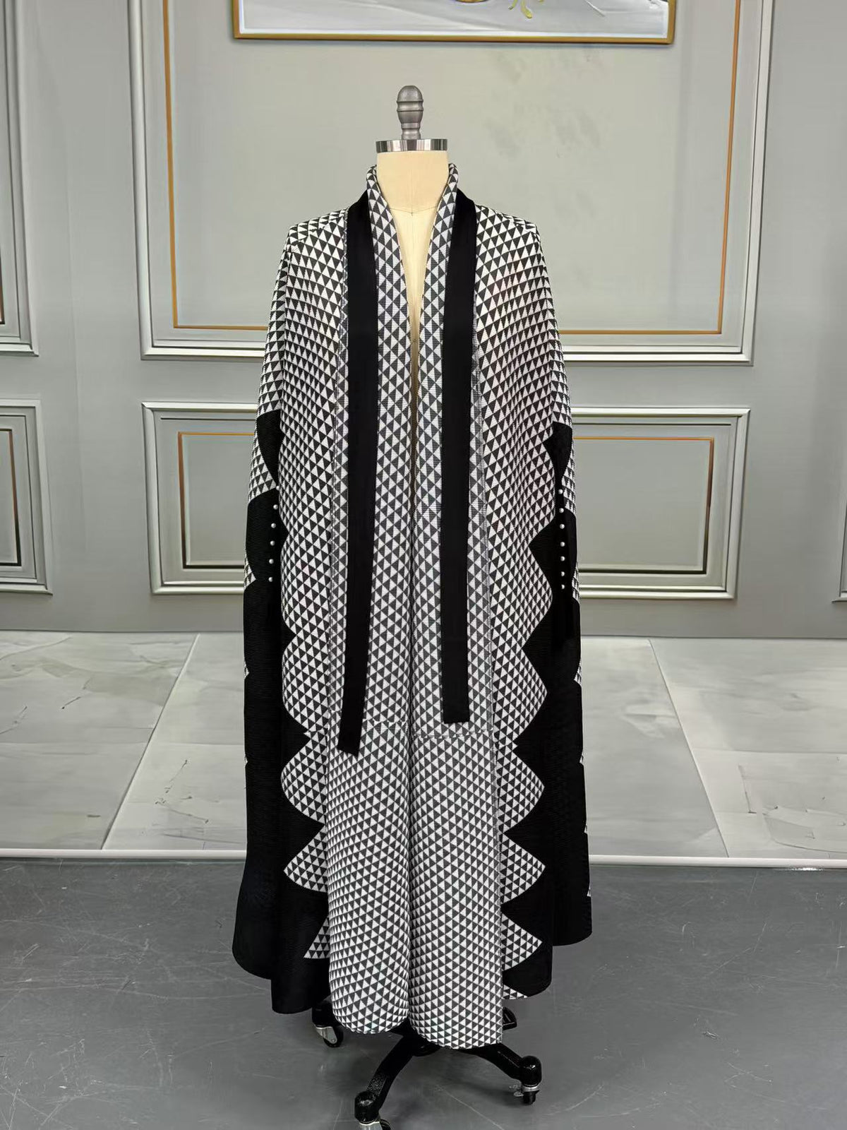 Pleated Print Cardigan Long Coats GZRF 77102