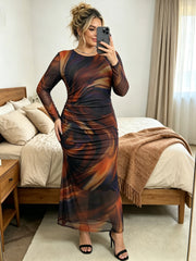 Plus Size Print Long Sleeve Maxi Dress GAWE 6779