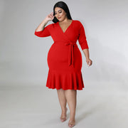 Plus Size Solid V Neck 3 4 Sleeve Ruffled Bodycon Dress NNWF 7555