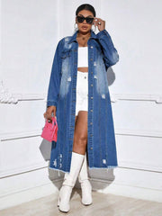 Fashion Holes Long Sleeve Denim Long Coat LX 6017
