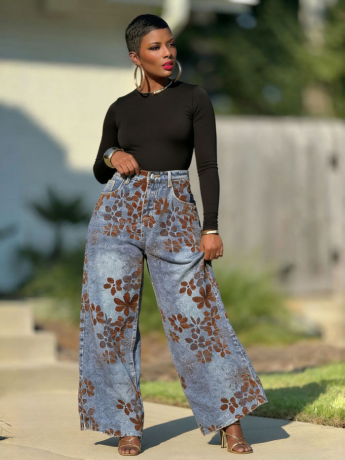 Plus Size Retro Flocked Floral Print Jeans GYLN 8430