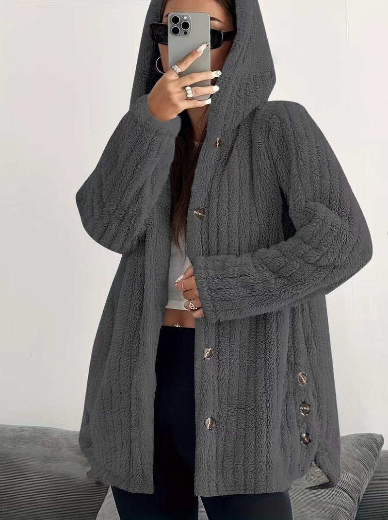 Solid Color Buttoned Long Sleeve Hooded Plush Fashion Coat GYOU CX1022
