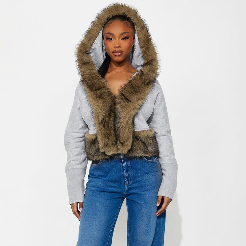 Patchwork Furzzy Neck Hooded Cardigan GDSF J25TP395