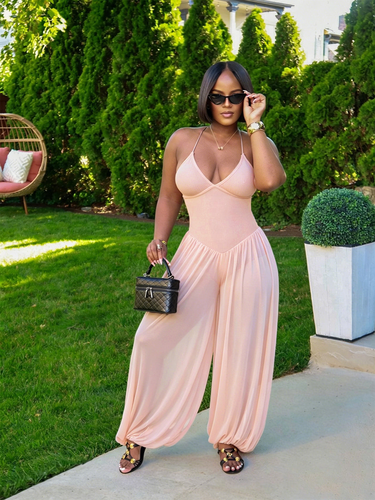 Solid Color Backless Sling Loose Jumpsuit BMF 904
