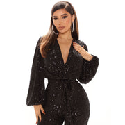 Sequin Deep V Neck Tie Up Jumpsuit GYOM 8794