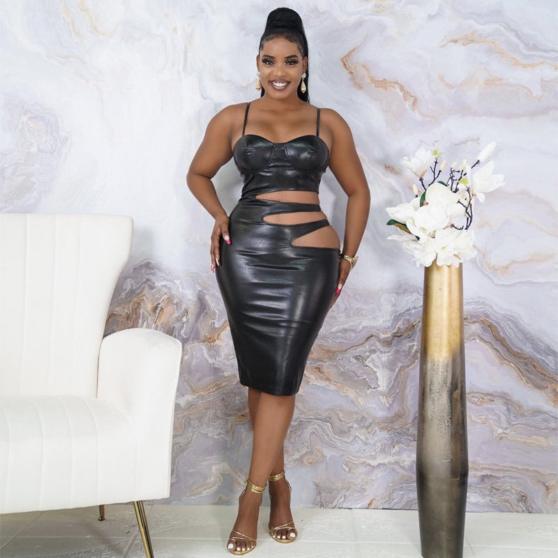 Plus Size PU Leather Hollow Out Split Bodycon Dress OSIF 21481