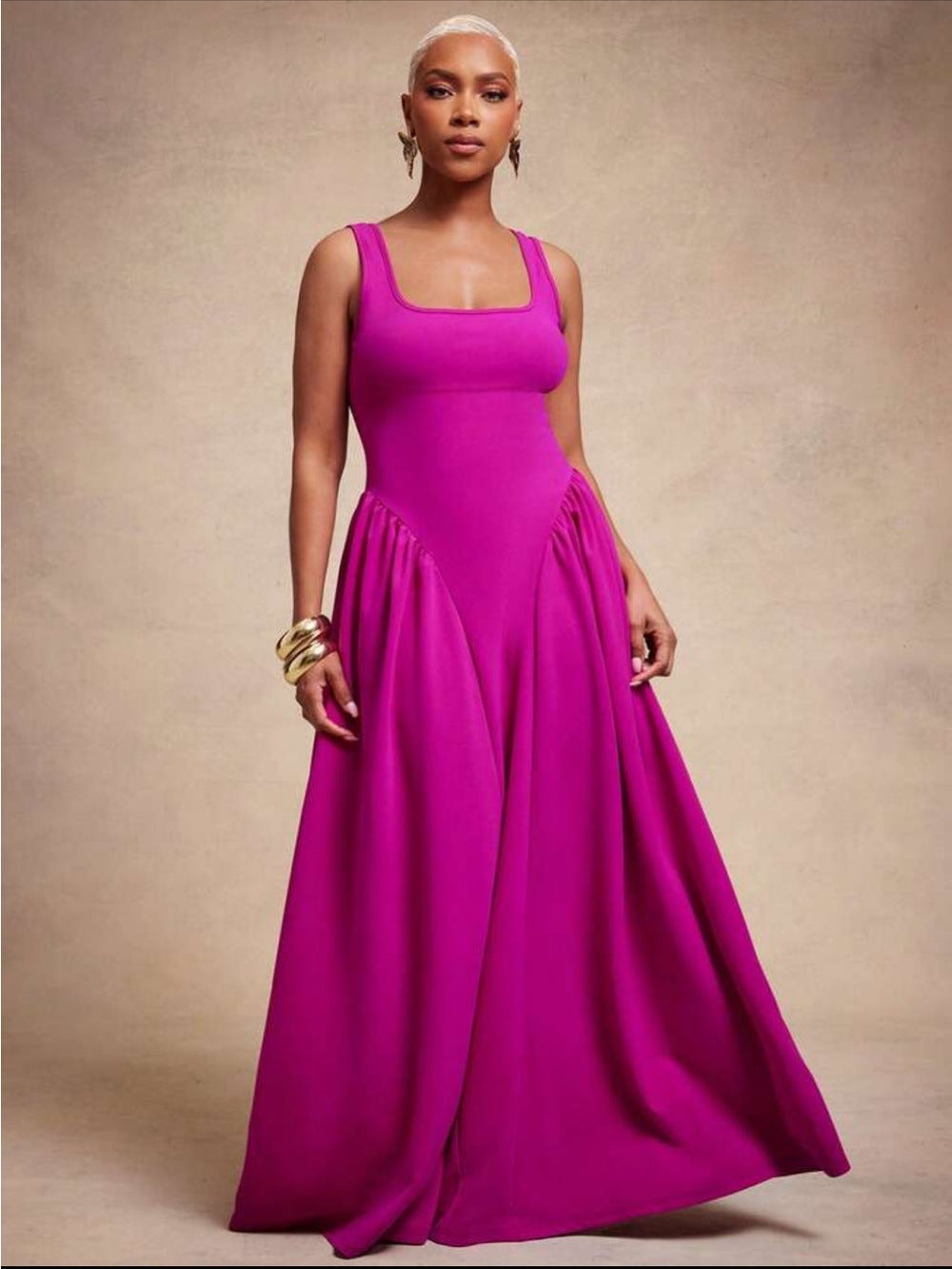 Solid Color Square Neck Sleeveless Maxi Dress GQLK 6690