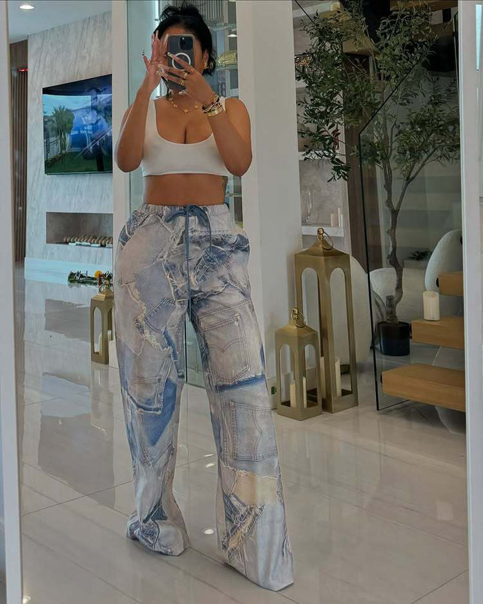 Printed Faux Denim Drawstring Relaxed Straight Pants GSMJ 6988