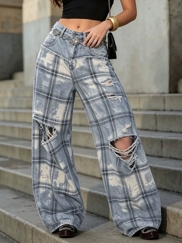 Plus Size Plaid Holes Patchwork Jeans GYLN 5003