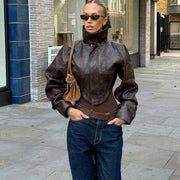 High Neck Solid Color Short Zipper PU Leather Jacket XEF K25C84468