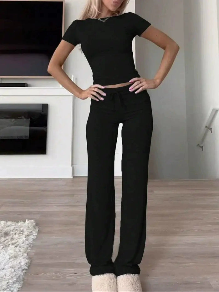 Solid Color Short Sleeve Sports Two Piece Pants Set GYWO 55007