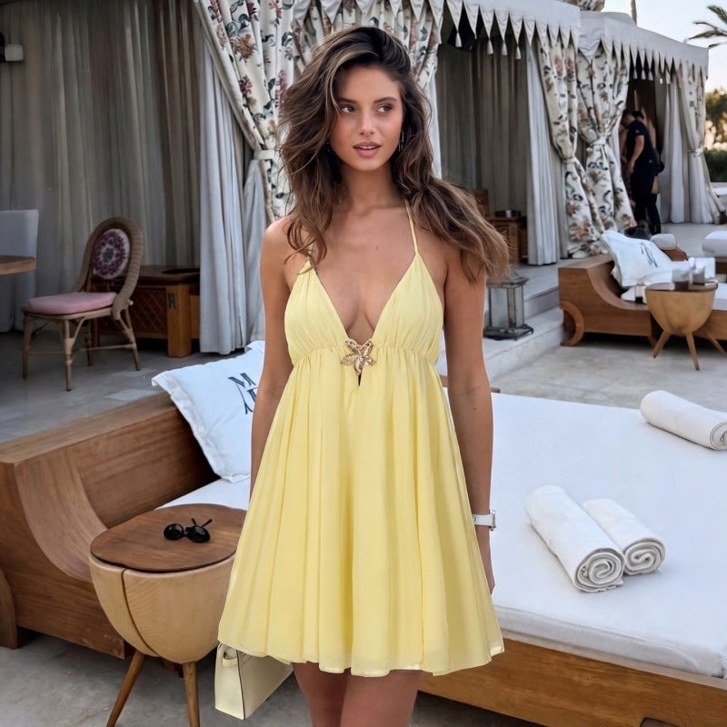 V Neck Backless Sling Mini Dress GLAG D6321390H